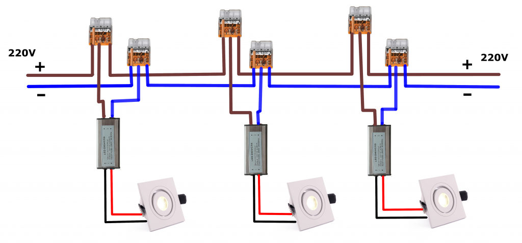 LED šviestuvų pajungimo schema