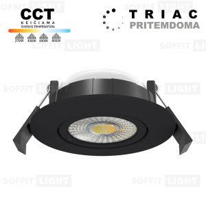 Įmontuojamas pritemdomas LED šviestuvas 6W (Juodas) CCT keičiama IP20/65 su jungtimi